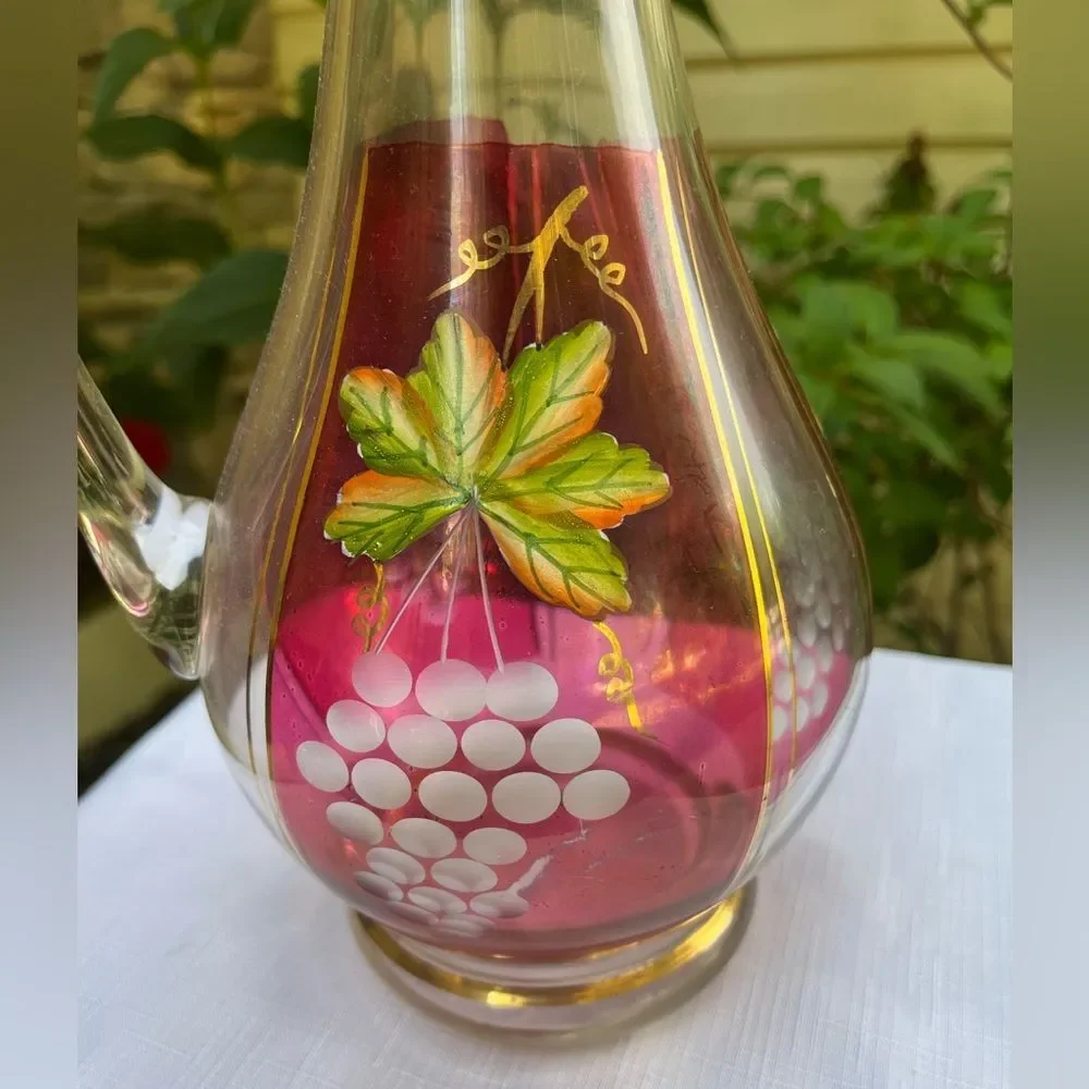 Vintage Hand Painted Beautiful Glass Wine  Decanter Carafe & 2-Shot Set 12”x4”